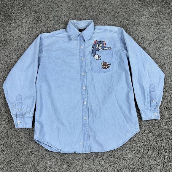 VINTAGE Tom and Jerry Shirt Womens Small Blue Denim Embroidered Warner Bros 90s - Picture 1 of 14